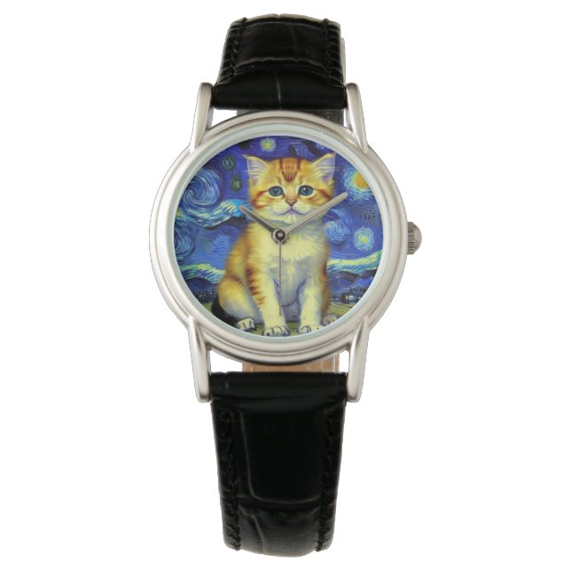 Reloj De Pulsera Cute Kitten Starry Night Van Gogh (Anverso)