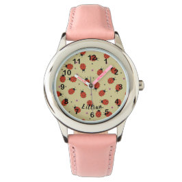 Reloj De Pulsera Cute Ladybugs & Custom Name on Light Yellow