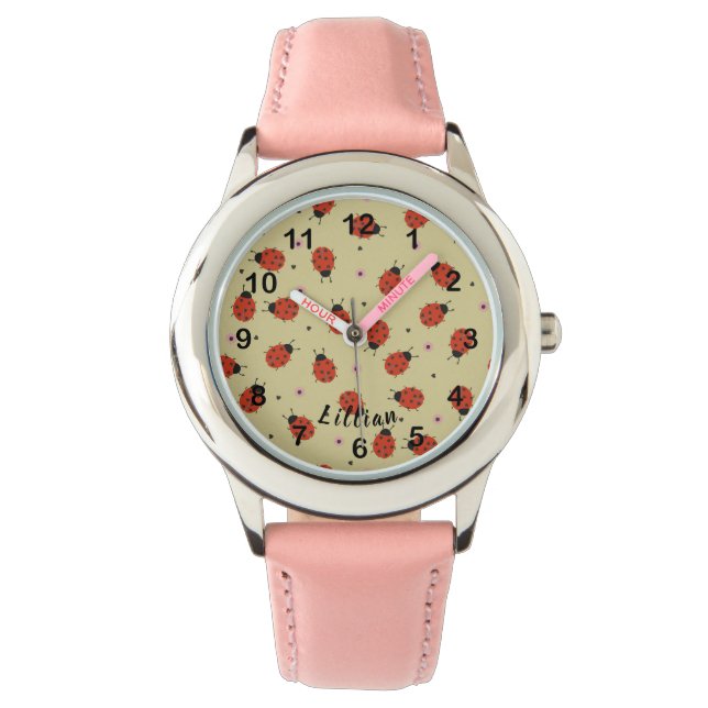 Reloj De Pulsera Cute Ladybugs & Custom Name on Light Yellow (Anverso)