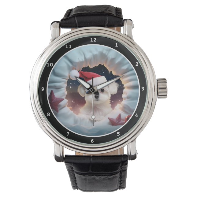 Reloj De Pulsera Cute Maltese Puppy Christmas Scene Image (Anverso)