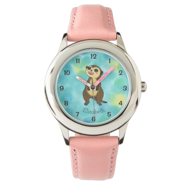 Reloj De Pulsera Cute Meerkat Personalizado Niños Rosa Nombre Obser (Anverso)