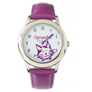 Reloj De Pulsera Cute Peeking Purple Kitty Cat Name Kids