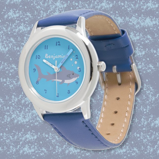 Reloj De Pulsera Cute Personalizado Shark Kid Blue Beginner Watch (Cute cartoon swimming shark kid watch with name . )