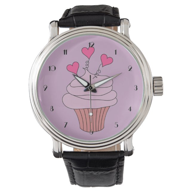 Reloj De Pulsera Cute Pink Hearts Cupcake Writing Watch (Anverso)