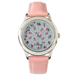 Reloj De Pulsera Cute Pink Ladybugs & Custom Name on Blue