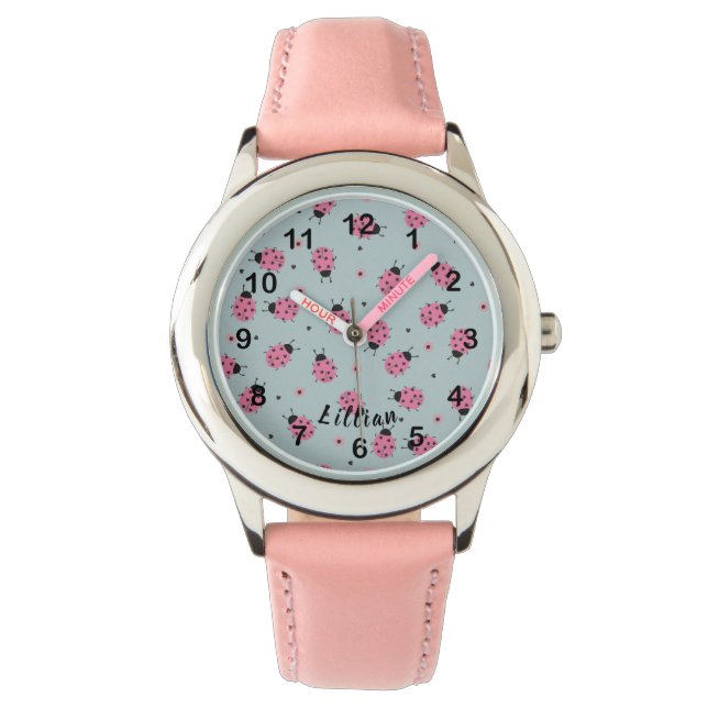 Reloj De Pulsera Cute Pink Ladybugs & Custom Name on Blue (Anverso)