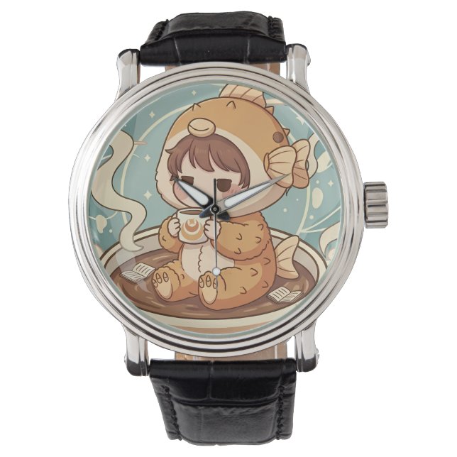 Reloj De Pulsera Cute Puffer Fish Coffee & Reading Art (Anverso)