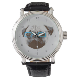 Reloj De Pulsera Cute Pug Hipster con Gafas Azules