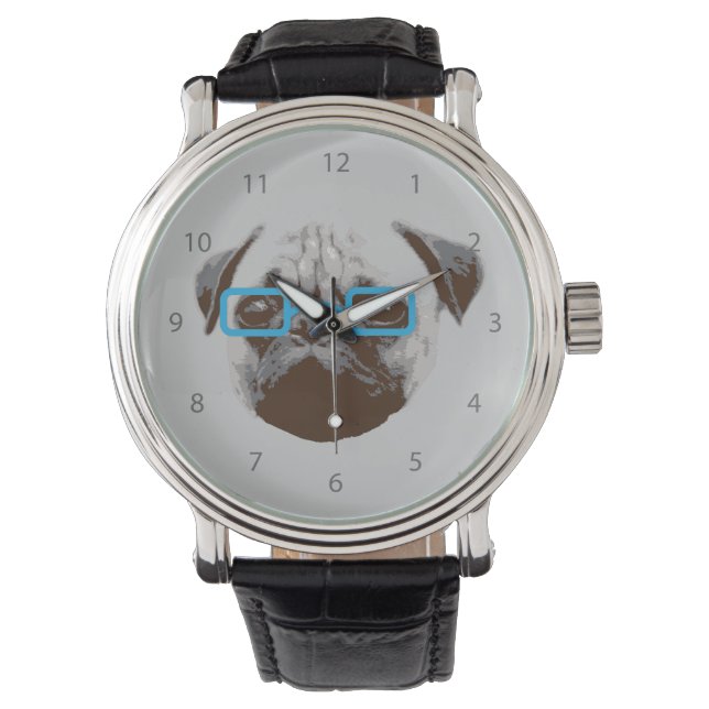 Reloj De Pulsera Cute Pug Hipster con Gafas Azules (Anverso)