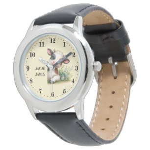 Reloj De Pulsera Cute unisex niños asomando vaca añadir nombre