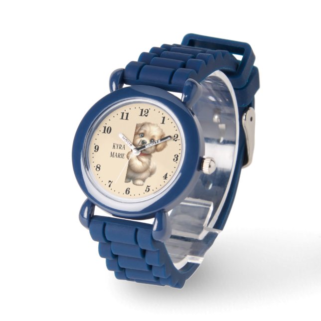 Reloj De Pulsera Cute unisex niños buscando perrito añadir nombre (Ángulo)