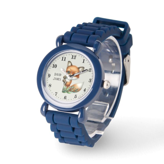 Reloj De Pulsera Cute unisex niños buscar zorro añadir nombre (Ángulo)