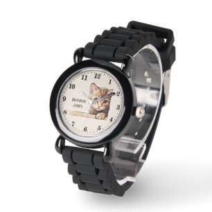Reloj De Pulsera Cute unisex peeking cat niños añadir nombre