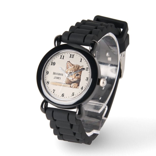 Reloj De Pulsera Cute unisex peeking cat niños añadir nombre (Ángulo)