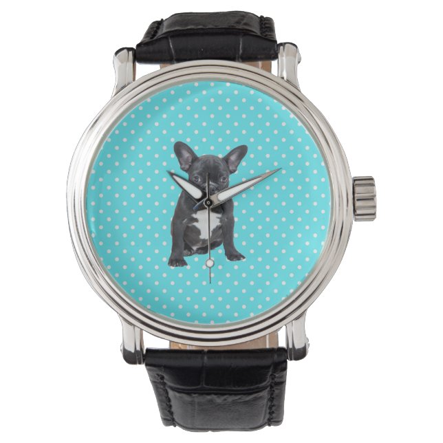 Reloj De Pulsera Cuto Bulldog francés Blue Polka Dots Watch (Anverso)