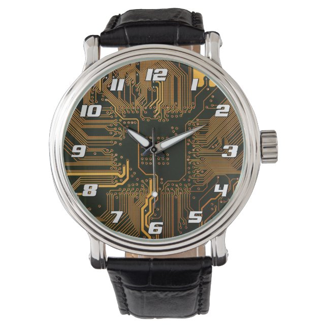 Reloj De Pulsera Cyber Orange PCB Circuit Board Trace Pattern Art (Anverso)
