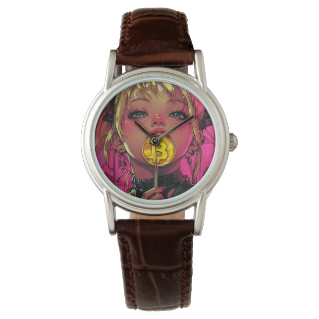 Reloj De Pulsera Cyberpunk Bitcoin Waifu Crypto Anime Watch (Anverso)