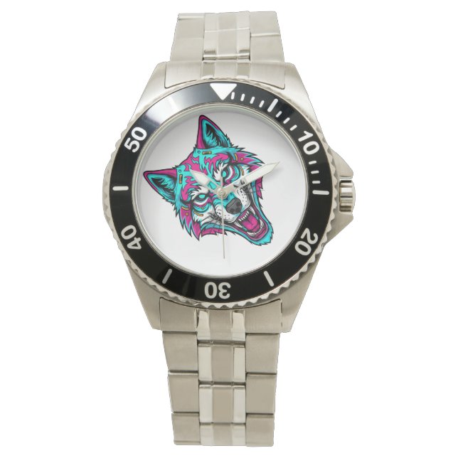 Reloj De Pulsera Cyberpunk Neon Wolf - Synthwave Robotic Animal (Anverso)