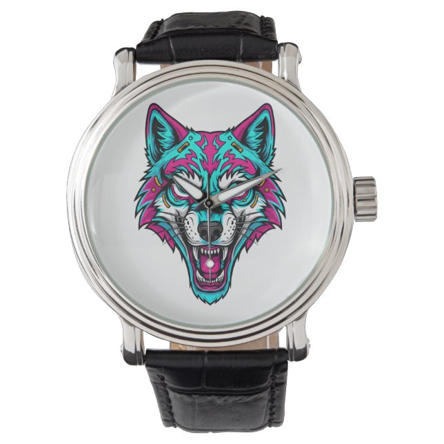 Reloj De Pulsera Cyberpunk Neon Wolf - Synthwave Robotic Animal (Anverso)