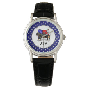 Reloj De Pulsera Dachshund, bandera estadounidense de los Estados U