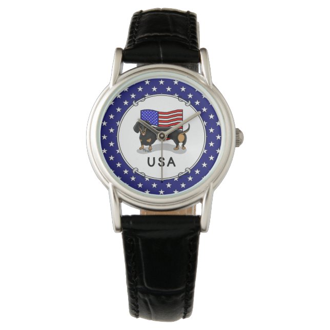 Reloj De Pulsera Dachshund, bandera estadounidense de los Estados U (Anverso)