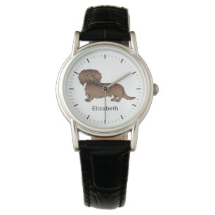 Reloj De Pulsera Dachshund Cartoon Perro Pelo Largo Chocolate & Nom