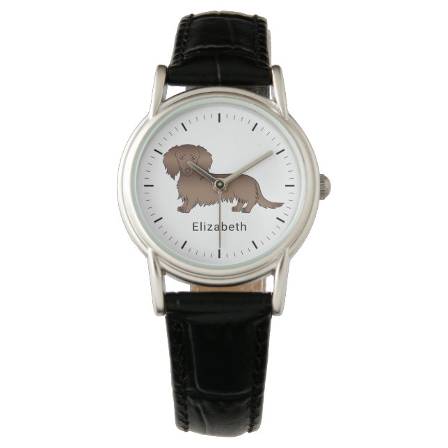 Reloj De Pulsera Dachshund Cartoon Perro Pelo Largo Chocolate & Nom (Anverso)
