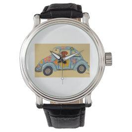 Reloj De Pulsera Dachshund en coche hippie