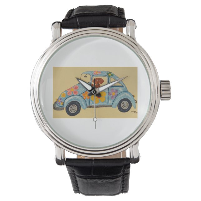 Reloj De Pulsera Dachshund en coche hippie (Anverso)