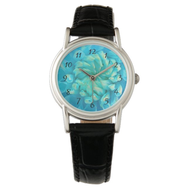 Reloj De Pulsera Dahlia azul turquesa flor en acuarela (Anverso)