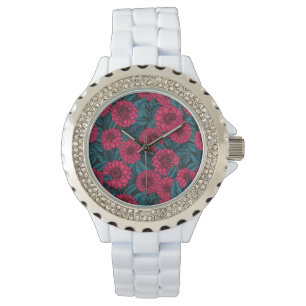 Reloj De Pulsera Dahlia roja jardín/hojas azules