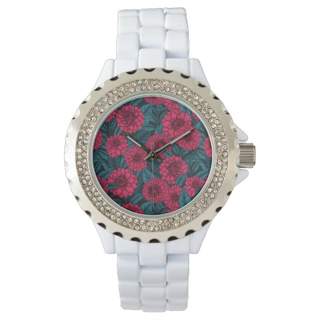 Reloj De Pulsera Dahlia roja jardín/hojas azules (Anverso)