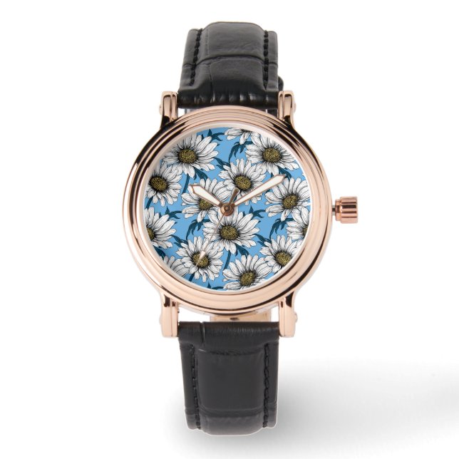 Reloj De Pulsera Daisies, flores silvestres en azul (Anverso)