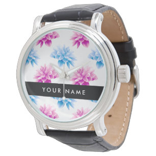 Reloj De Pulsera Dalia Rosa y Azul, Patrón Floral, Tu Nombre