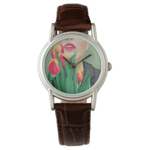 Reloj De Pulsera Dama con tulipán verde y Naranja gráfico moderno