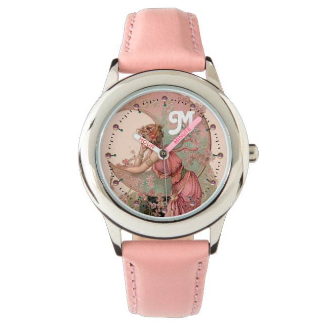 RELOJ DE PULSERA DAMA DE LA LUNA CON FLORES EN MONOGRAMA ROSA (Anverso)