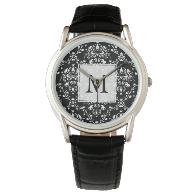 Reloj De Pulsera Damasco de Personalizado blanco y negro (Anverso)
