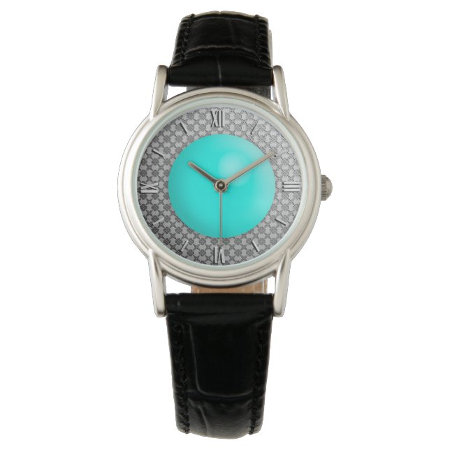Reloj De Pulsera Damasco plateado con piedra falsa turquesa (Anverso)