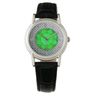 Reloj De Pulsera Damasco plateado con una gema esmeralda / jewell