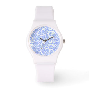 Reloj De Pulsera Damascos florales azules en polvo blanco