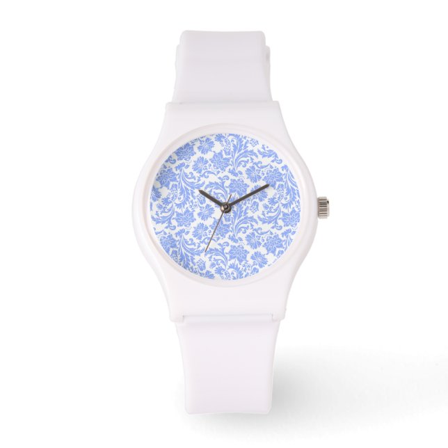 Reloj De Pulsera Damascos florales azules en polvo blanco (Anverso)