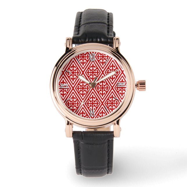 Reloj De Pulsera Damask medieval Fleur-de-lis, rojo y blanco (Anverso)