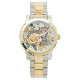 Reloj De Pulsera Damenuhr mit Leoparden und Rosen