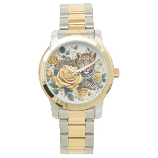 Reloj De Pulsera Damenuhr mit Leoparden und Rosen