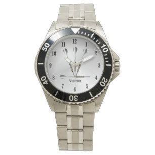 Reloj De Pulsera Dardos Plateado Nombre Personalizado Números Negro