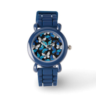 Reloj De Pulsera Dark Seamless Pattern with Blue Butterflies Morpho
