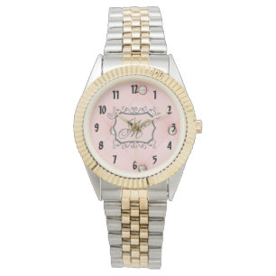 Reloj de pulsera de monograma rosado rosado con ho