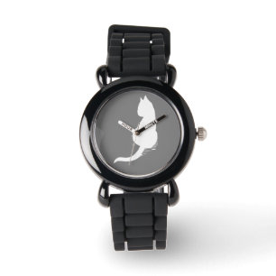 Reloj de pulsera de silueta de gato gris y blanco
