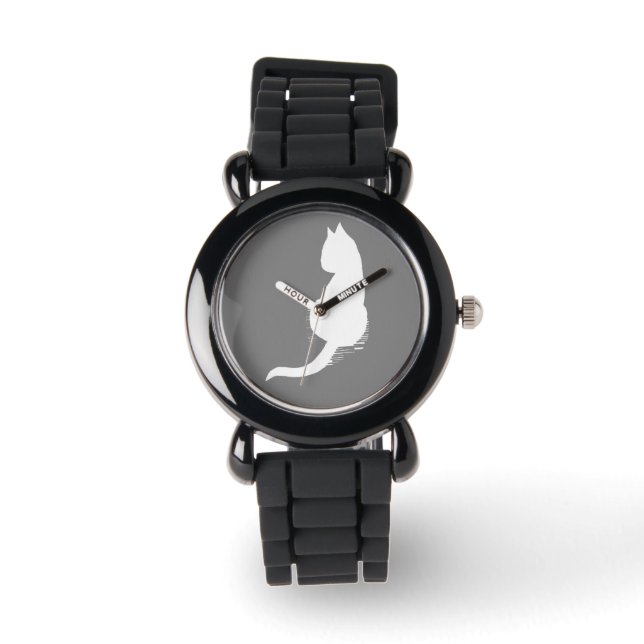 Reloj de pulsera de silueta de gato gris y blanco (Anverso)