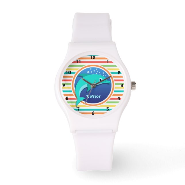 Reloj De Pulsera Delfín; franjas de arcoiris brillantes (Anverso)